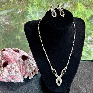 Mid-Century Clear Rhinestone and Black Stone Drop Necklace and Earrings Set